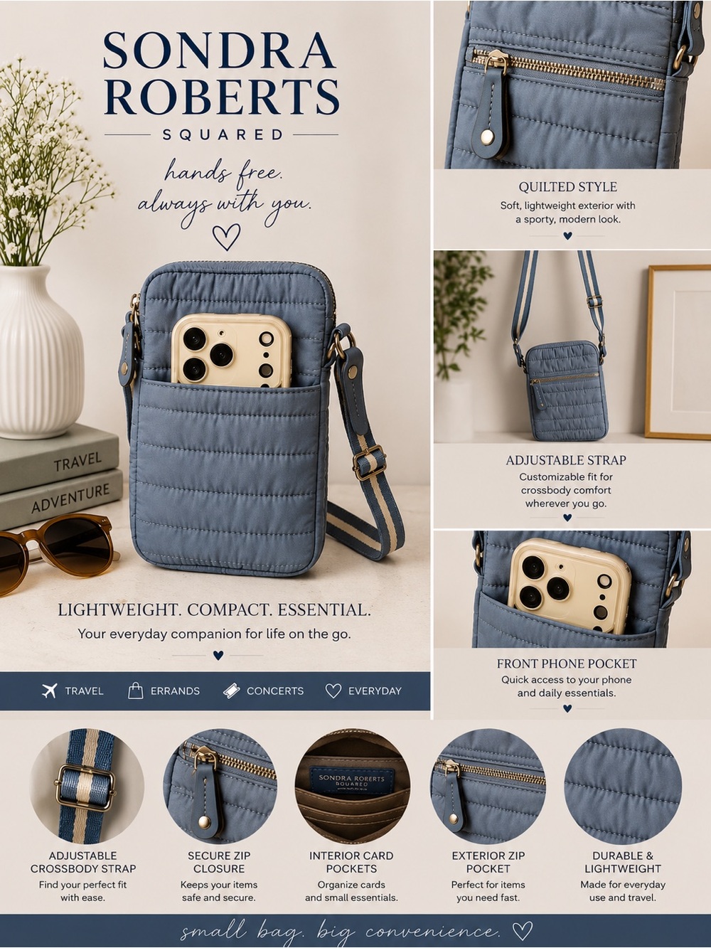 Sondra Roberts Squared Dusty Blue Quilted Nylon Crossbody Phone Bag Adjustable